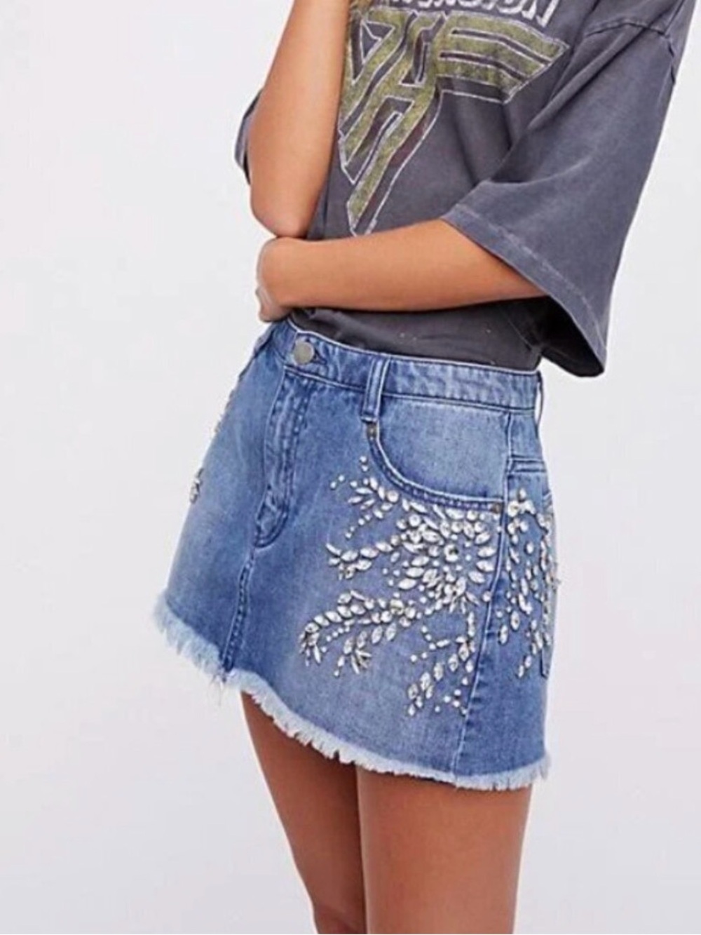 Free People Shine Bright Shine Far Denim Rhinestone Mini Skirt - Size 6